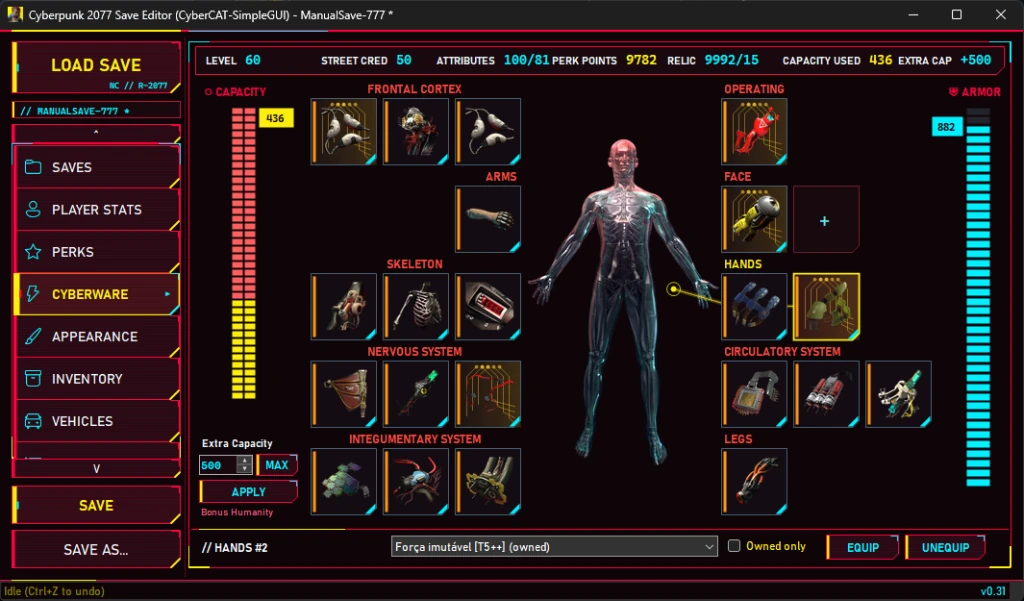 The Cyberware view showing the body slot diagram, equipped implants with rarity colors, capacity and armor gauges, and extra capacity controls.