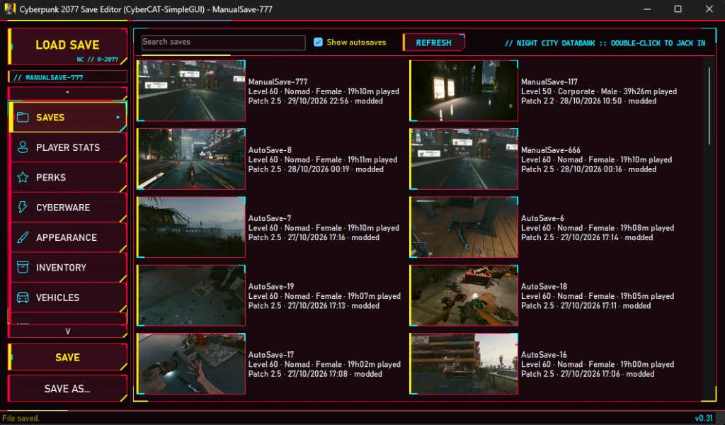 The editor's start page in its Cyberpunk HUD theme: a grid of Cyberpunk 2077 saves, each with its screenshot, level, life path, play time and patch.
