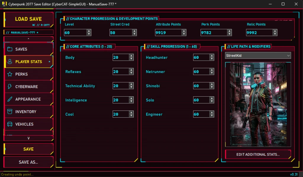 The Player Stats view editing character level, street cred, attributes, 2.0 skill progression and life path.