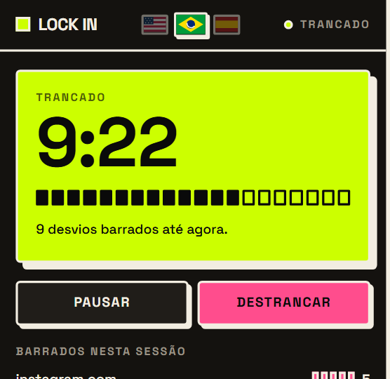 O popup do Lock In contando o tempo de uma sessão de foco, com nove desvios barrados até agora.