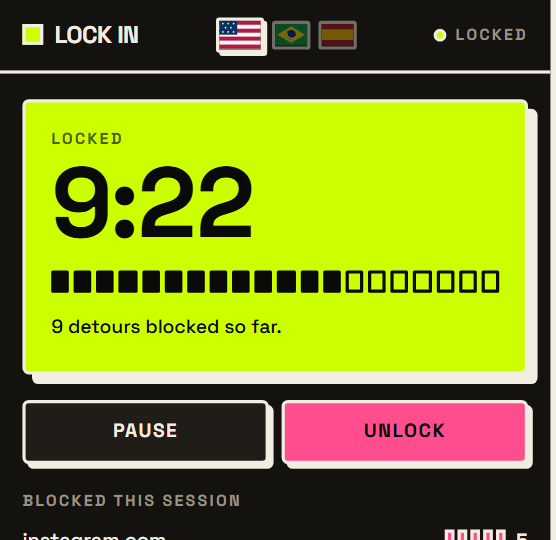 The Lock In popup counting down a focus session, with nine attempts blocked so far.
